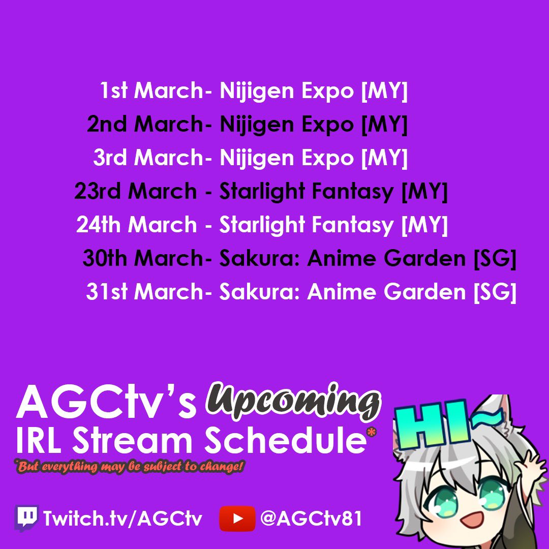 These are all the confirmed events I’ll be attending in March so look forward to the streams or maybe I’ll see you there in person! #event #cosplay #acg #twitch #live #irl #livestream #livestreamer #contencreator #youtube #instagram #travel #fun #asia