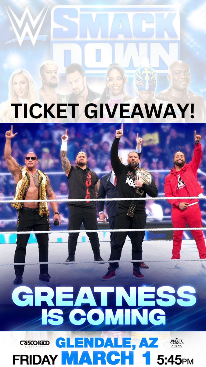 👀 @TheRock is coming to #SmackDown this Friday & I got a pair of tix for the BIGGEST WWE fan! 

1. Follow & tag @CriscoKidd @DDArenaAZ
2. Post a picture or video showing how much you love WWE!

#WWE #SmackDown #TheBloodline #TicketTuesday #TuesdayTickets #CriscoKiddBlockParty