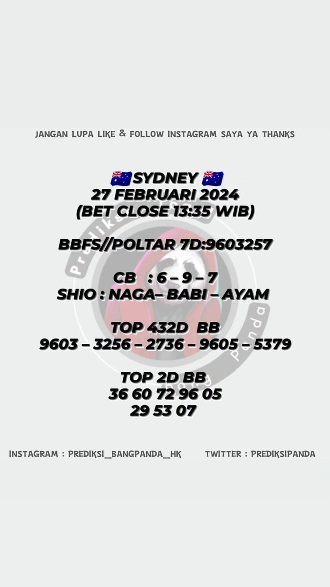 PrediksiPanda's tweet photo. 🇦🇺 SYDNEY 🇦🇺
27 FEBRUARI 2024
jakarta https://t.co/kK5Xl4Hx3x