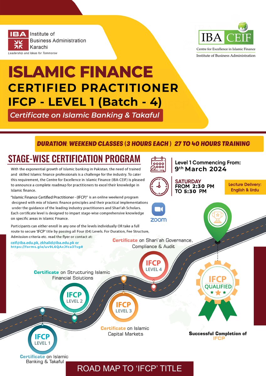 IBACEIF's tweet image. IBA-CEIF is pleased to announce Level 1 of Islamic Finance Certified Practitioner (IFCP).

For Duration, Fee Structure, Admission criteria etc. read the flyer or contact at: ceif@iba.edu.pk 

For Registration: forms.gle/uv9L6QAcJfca3T…
+92-300-2246059
