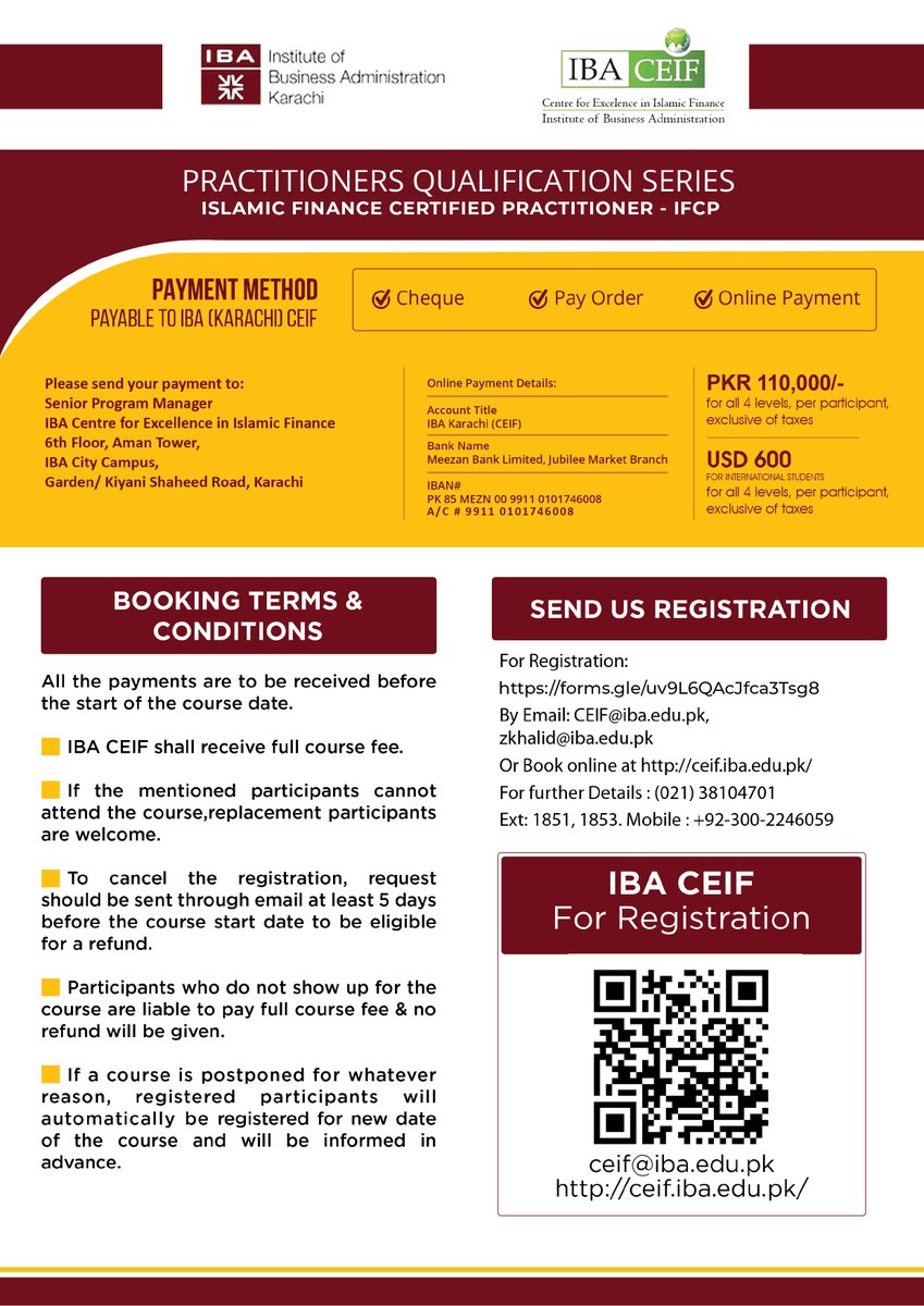 IBACEIF's tweet image. IBA-CEIF is pleased to announce Level 1 of Islamic Finance Certified Practitioner (IFCP).

For Duration, Fee Structure, Admission criteria etc. read the flyer or contact at: ceif@iba.edu.pk 

For Registration: forms.gle/uv9L6QAcJfca3T…
+92-300-2246059