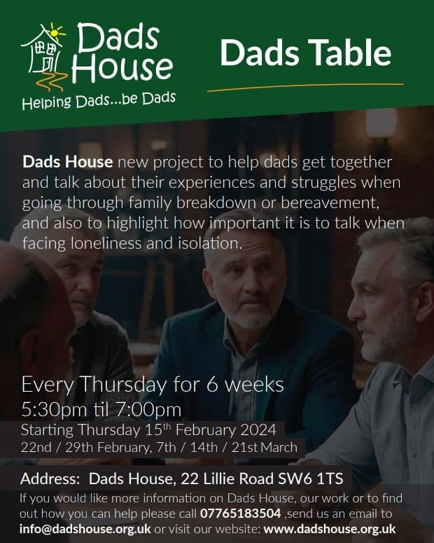 Dad's House 
Monday night football for #dads helping and supporting with fitness health wellbeing.
#talk #singledads #mentalhealth #parents #loneliness #isolation #nutrition 
dadshouse.org.uk