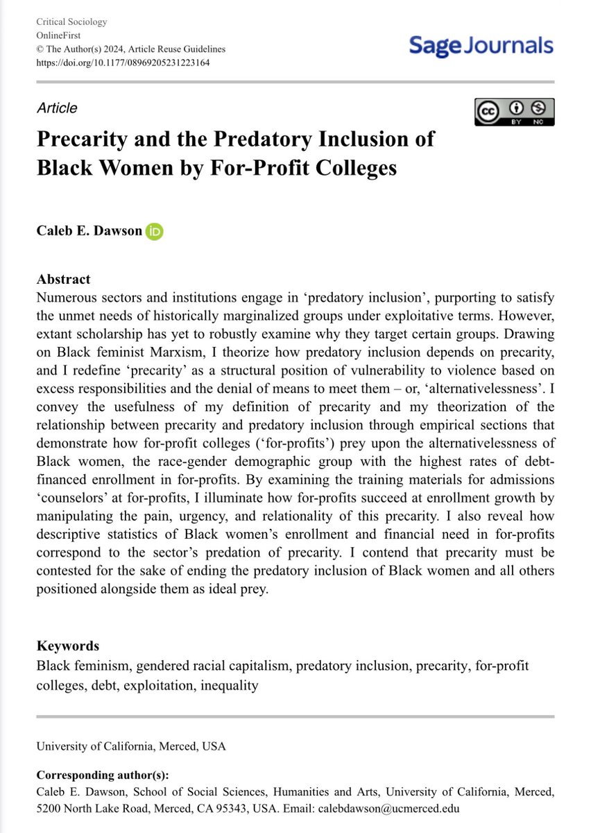 “Precarity and the Predatory Inclusion of Black Women by For-Profit Colleges”

I’m geeked for this paper to be out! It’s my first solo-authored publication and it’s open access: doi.org/10.1177/089692…

😋🍉