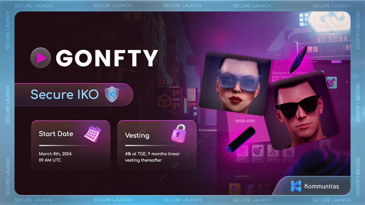 kommunitasnet's tweet photo. ๐ฅณ #Kommunitas is delighted to announce our Secure #IKO with @real_GONFTY Y!
๐พ GoNFTY is a #web3 gaming platform. Built for gamers and creators; providing a curated library of web3 games and an #AI -powered toolkit to enable anyone to create their own games and virtual worlds integrated with web3 technologies.
IKO Details
Last Staking Date: 8th March 2024, 3 AM UTC
Read more: https://t.co/T6h1oZhUXm
โก๏ธ Vote now: https://t.co/SAaoZGXiMb
$KOM #launchpad