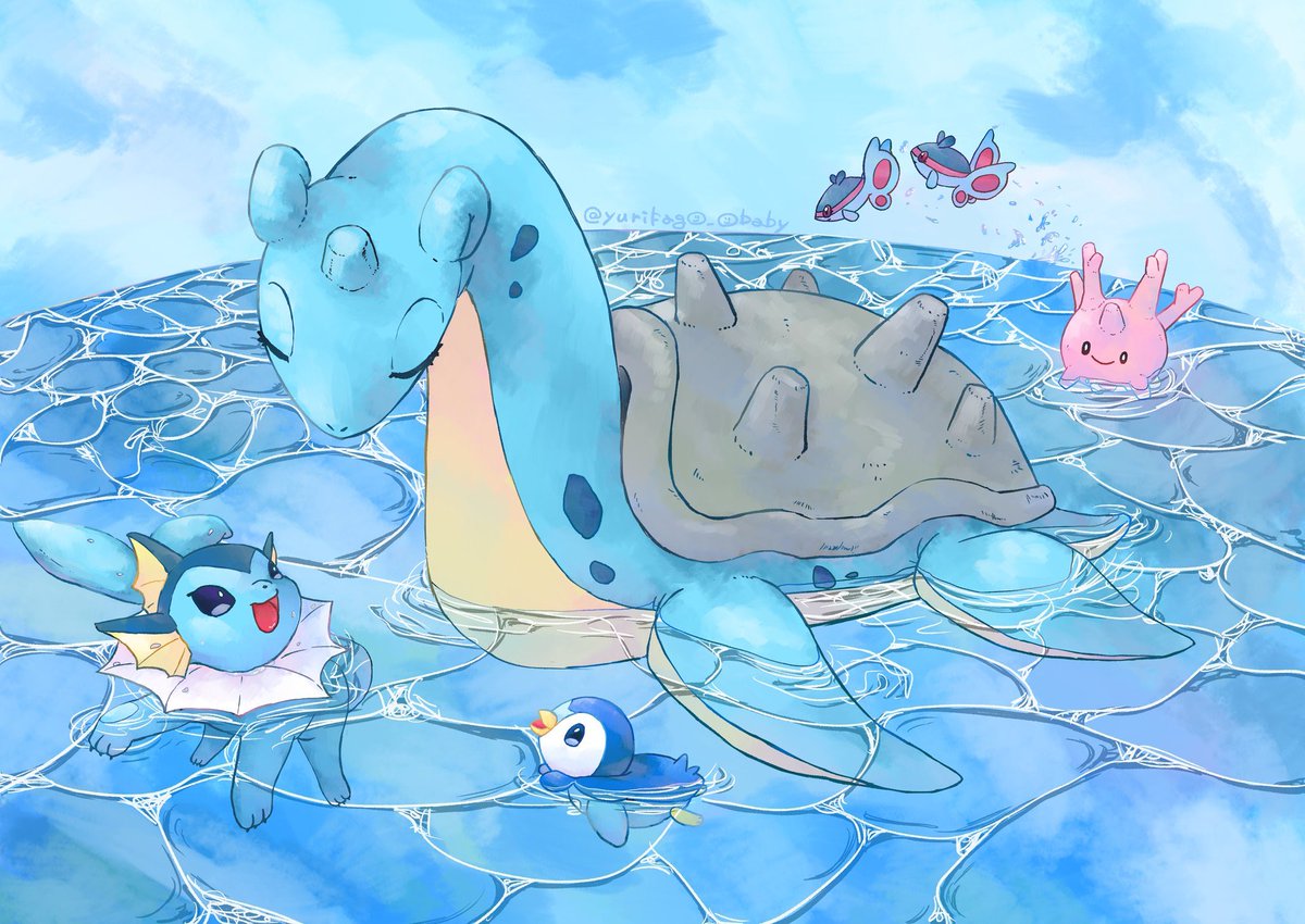 lapras ,piplup ,vaporeon pokemon (creature) no humans water smile open mouth afloat swimming  illustration images