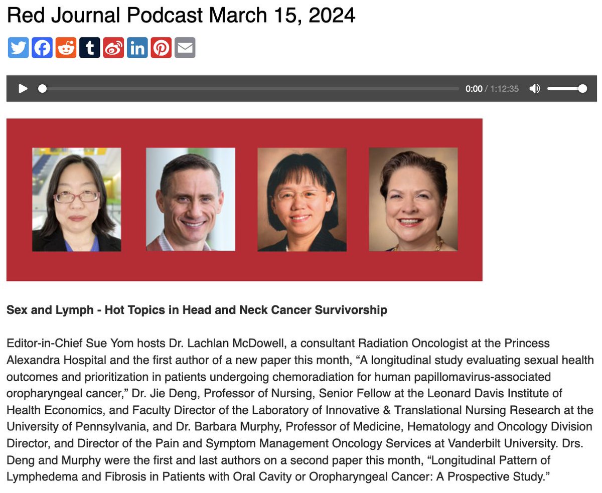 March 15 #redjournal podcast #cancer and #sexualhealth and #lymphedema #qualityoflife #qol #survivorship @hncalliance @spohnc_1 @thancfoundation @JulieMcCrossin @lachiemcd #hncsm Available at: redjournal.org/pb-assets/Heal…