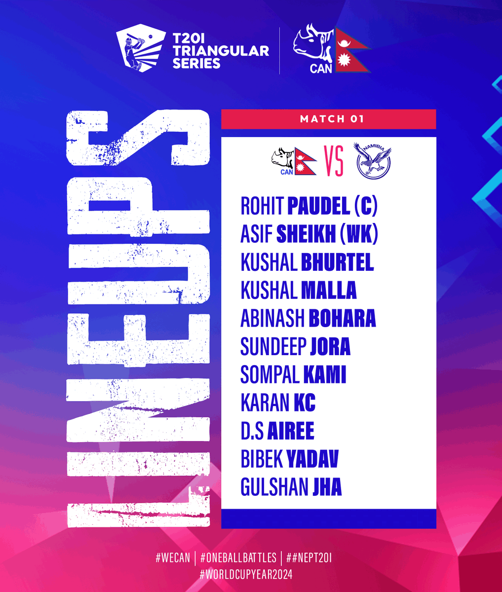 #Rhinos will be playing with the following lineups in the kick off match #NEPvNAM at TU 🔥

#NepT20I | #OneBallBattles | #NepalCricket #HappyDressingRoom | #WorldCupYear2024