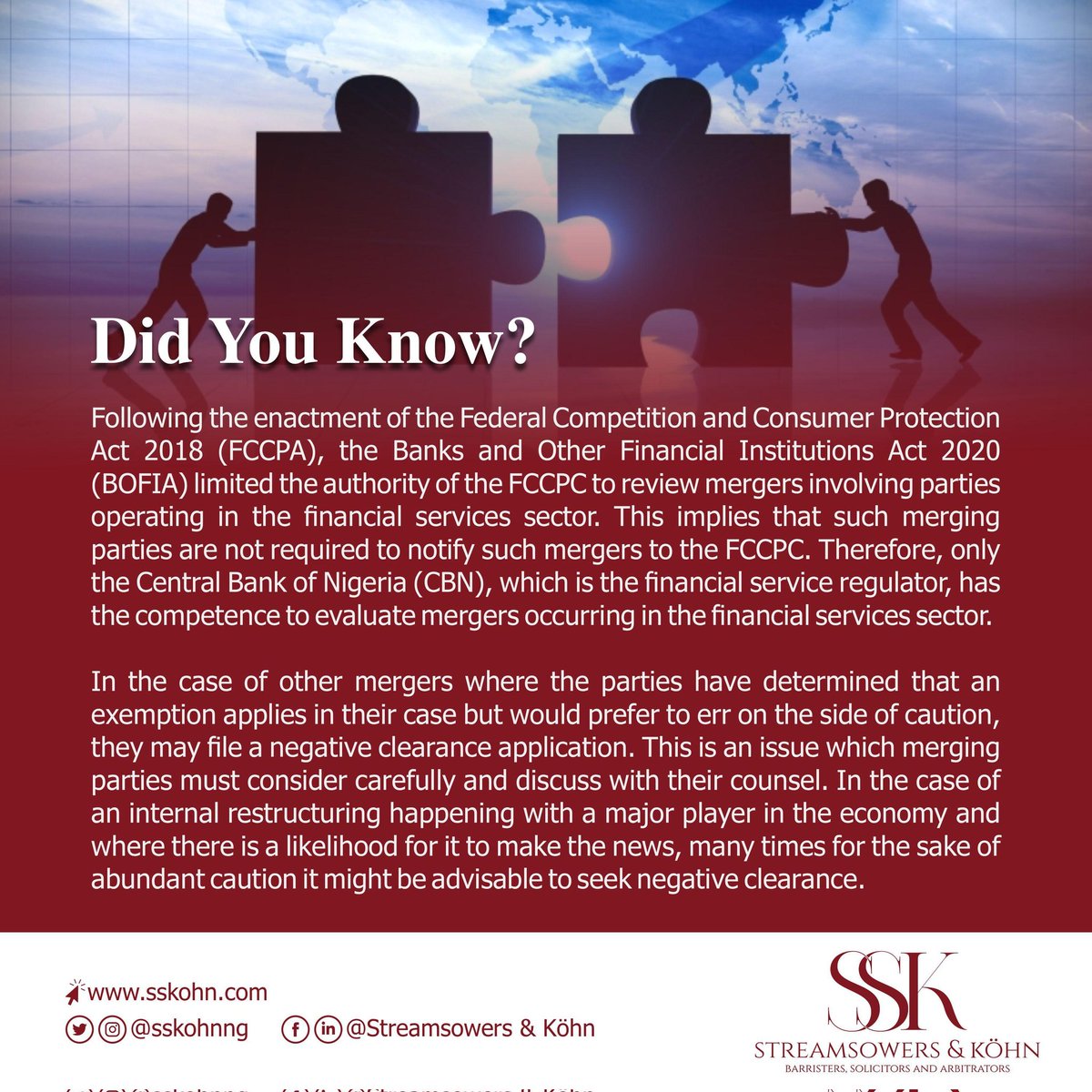 For more information, you may contact us by email at info@sskohn.com. 

#Mergers #Acquisitions #CompetitionLaw #JointVenture #Businesscombinations #Startups #Antitrust #Mergerreview #Mergerassessment #Compliance #Business #FCCPC  #WeAreSSK