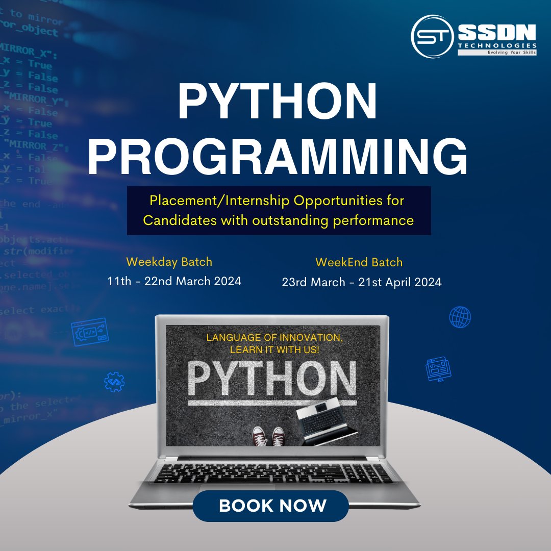 ssdntechnologie's tweet image. Join Now: shorturl.at/FWZ15
Whatsapp Us: bit.ly/ssdntech-whats…
Step into the world of coding excellence with SSDN Technologies.
#PythonProgramming #CodingExcellence #SSDNTechnologies