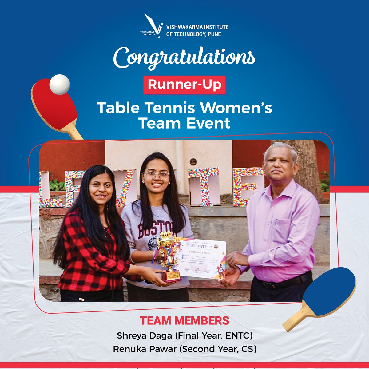 Congratulations !!!
We're thrilled to announce that VIT has secured the runner-up position in the Table Tennis Women's team event at Elevate 2024, hosted by the Pune Institute of Computer Technology
#congratulations #thrilled #runnerup #tabletennis #engineeringinstitute
