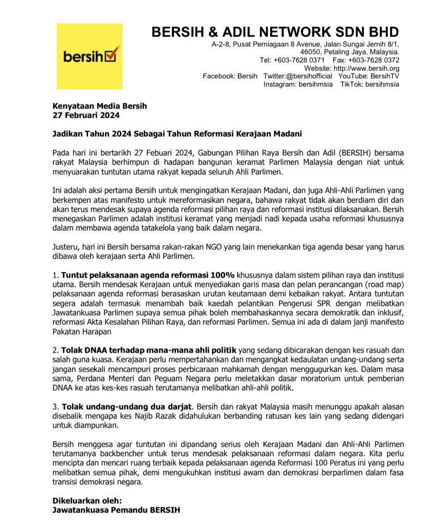 Alhamdulillah usai aksi penting @bersihofficial di institusi keramat Bangunan @MYParlimen sbg madi kepada agenda Reformasi. Bersih gesa PM DS @anwaribrahim & kerajaan Madani untuk berikan garis masa pelaksanaan agenda #Reformasi100Peratus mengikut urutan keutamaan. 1/5