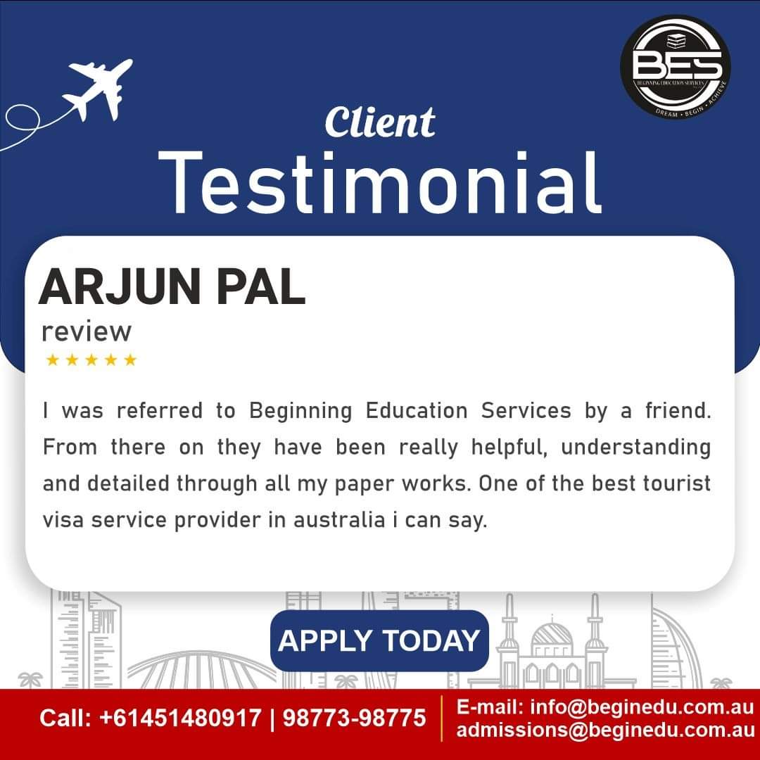 ✨CLIENT REVIEW✨

📲 +61 451 480 917.

✉️ info@beginedu.com.au.

🌐 beginedu.com.au

#ClientSatisfaction #Testimonial #Review #Visa #VisaGranted #VisaServices #SydneyVisa #VisaAgent #BestVisaConsultant #StudentVisa #StudyVisa #StudyAbroad #AustraliaVisa #VisaApplication