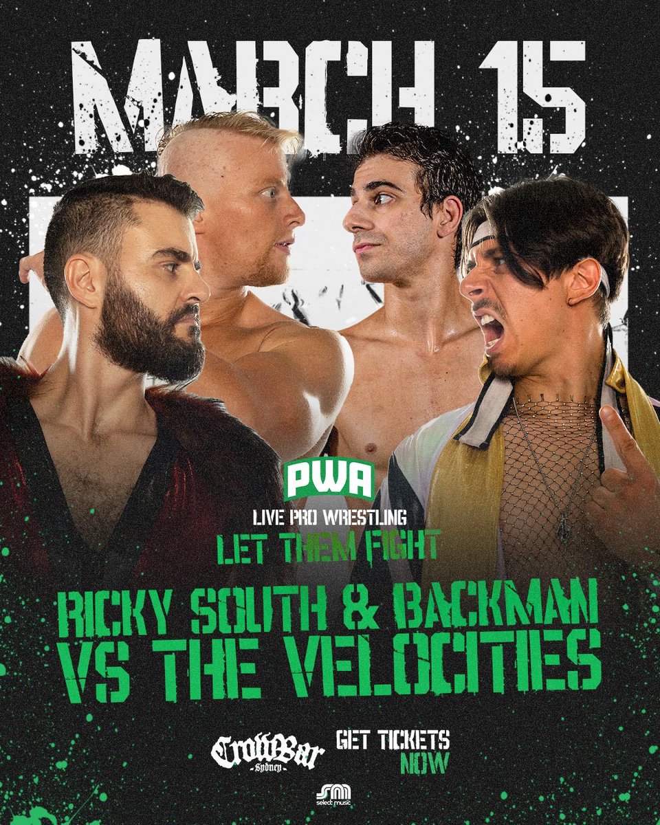 📢 MAIN EVENT ANNOUNCEMENT - CROWBAR SYDNEY - MARCH 15 📢 Can the SPEED of The Velocities compete with the STRENGTH of Ricky South and The Backman? Find out when PWA Let’s Them FIGHT! 🚪 7:30pm - Friday 15 March 2024 🎟️ tinyurl.com/PWAxCrowbar2