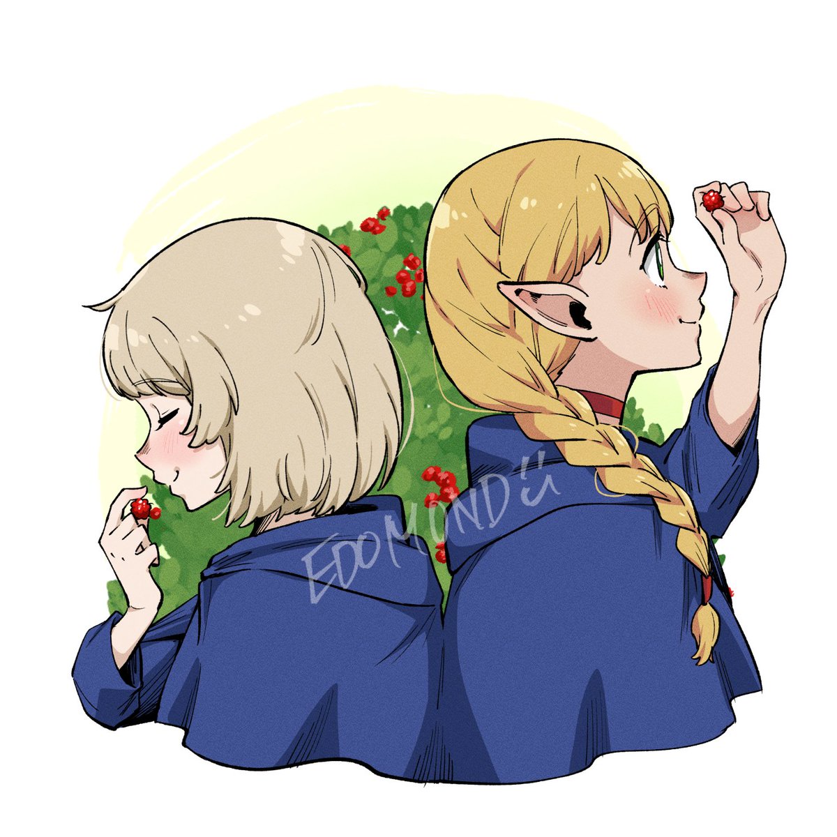 falin thorden ,marcille donato elf pointy ears braid blonde hair berry robe 2girls  illustration images