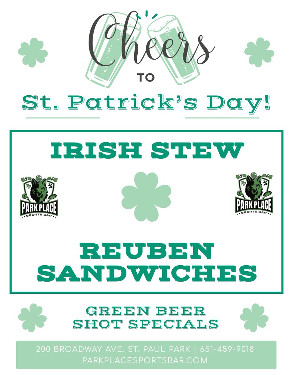 🍀🍻 Celebrate #StPatricksDay at Park Place Sports Bar! Green beer, and good times await you. Don't miss out on the craic! 🥳 #greenbeer #parkplacesportsbar #stpatsday #irishstew #reubens