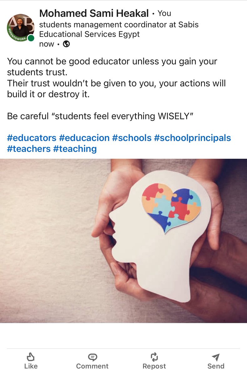 You cannot be good educator unless you gain your students trust.
Their trust wouldn’t be given to you, your actions will build it or destroy it.

Be careful “students feel everything WISELY”

#educators #educacion #schools #schoolprincipals #teachers #teaching