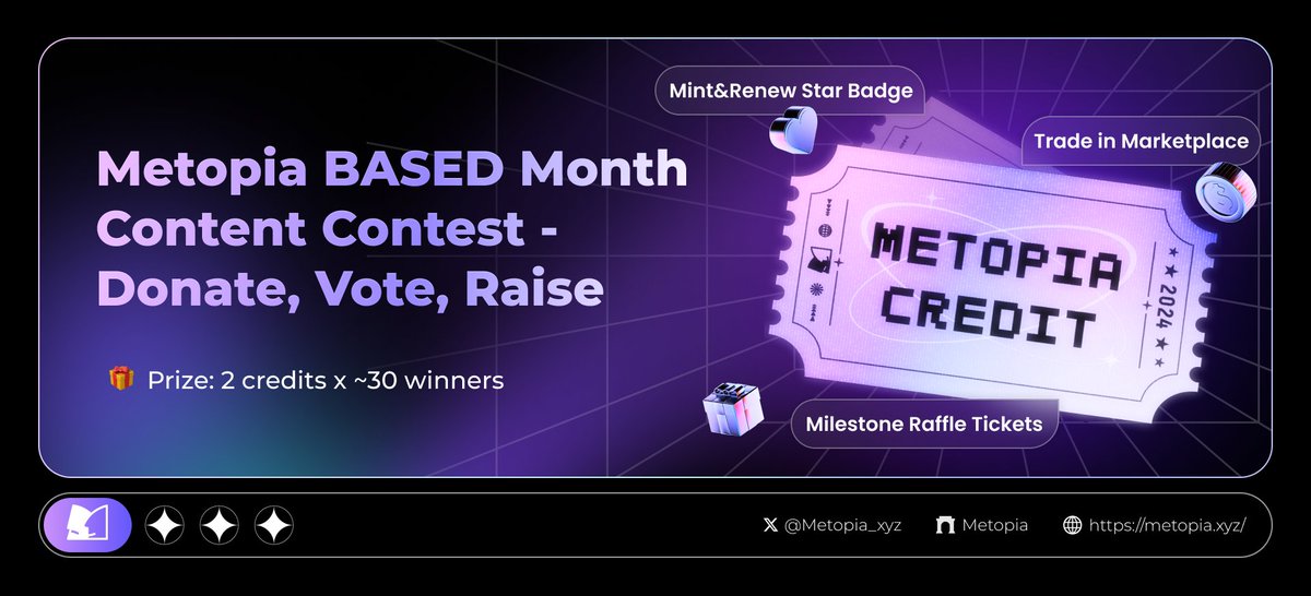 Metopia_xyz's tweet photo. 💜 Metopia Content Contest - Public Goods Week💜
Dive into the @Base ecosystem by joining our content contest on a topic of public goods!

🏆 Prizes Up For Grabs
2 Credits (~30 winners)

♊️ How to Join
1) Like, RT + Follow
2) Share your experience on interacting with web3 public goods, including donation on @gitcoin, raising proposal on @prophouse, or vote on DAOs

Requirements for your post:
1. Tag @Metopia_xyz and your favored bridge project
2. Add the hashtag #BasedMonth #MetopiaDonateWeek
3. (Optional) If you've claimed the relevant credentials on Metopia, please also share your onchain interactive achievements and creds with us!

⏰ Deadline: 2 March, 9pm UTC

💡 Tips:
Metopia has deployed several credentials on the theme of public goods, including 
@endaomentdotorg Donor, 
@SnapshotLabs Voter, 
@gitcoinpassport Minter, 
Base House Proposal Raiser @nounsprophouse

Check the credentials here: https://t.co/LZHAE1HMk6