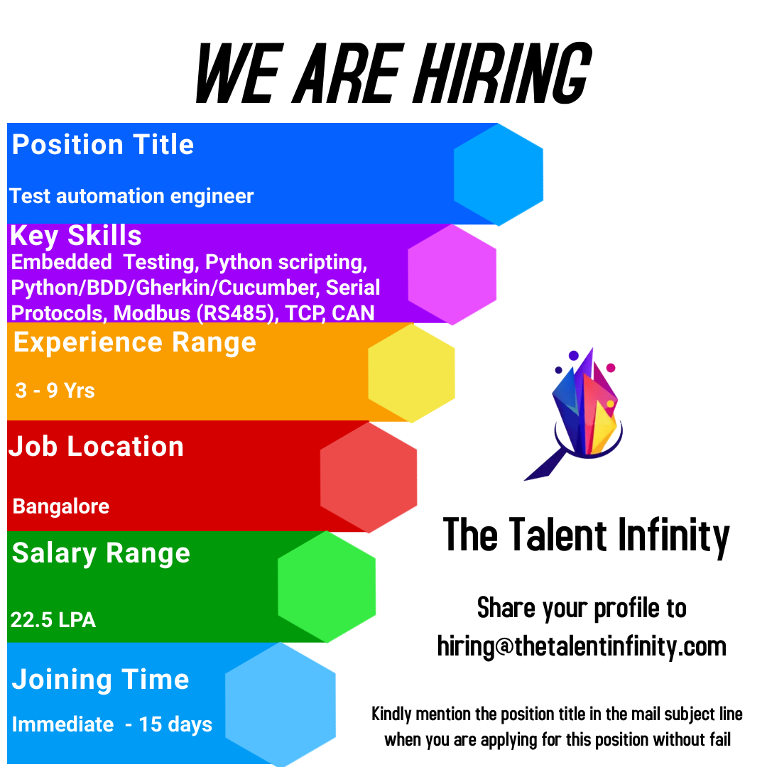 TalentInfinity2's tweet image. #testautomation #embeddedtesting #pythonscripting #python #bdd #gherkin #cucumber #Framework #Serial #Protocols #modbus #rs485 #tcp #CAN #uart #usb #jobs #wearehiring #TalentInfinity #hiringtalent #hiringteam #recuitment #recuitmentalert #openings #jobopportunities #jobopenings