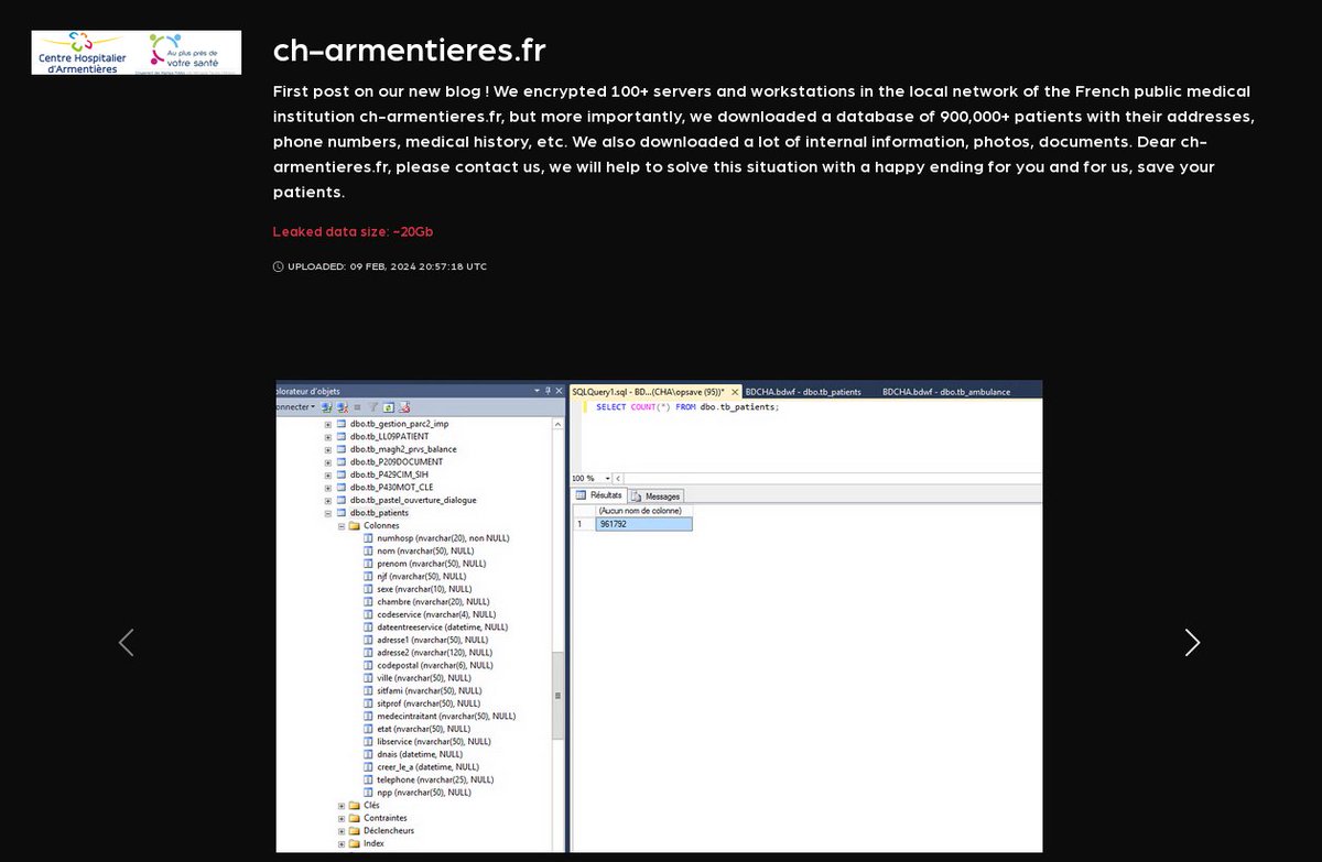 🚨🔴CYBERALERT🔴 | 🇫🇷 +950 000 dossiers médicaux de patients de l'hôpital d'Armentières diffusés !

Depuis 48h, toutes les données de l'hôpital d'Armentières (Nord de la France) ont été diffusées !

L'hôpital a subi une cyberattaque qui a paralysé son fonctionnement il y a
