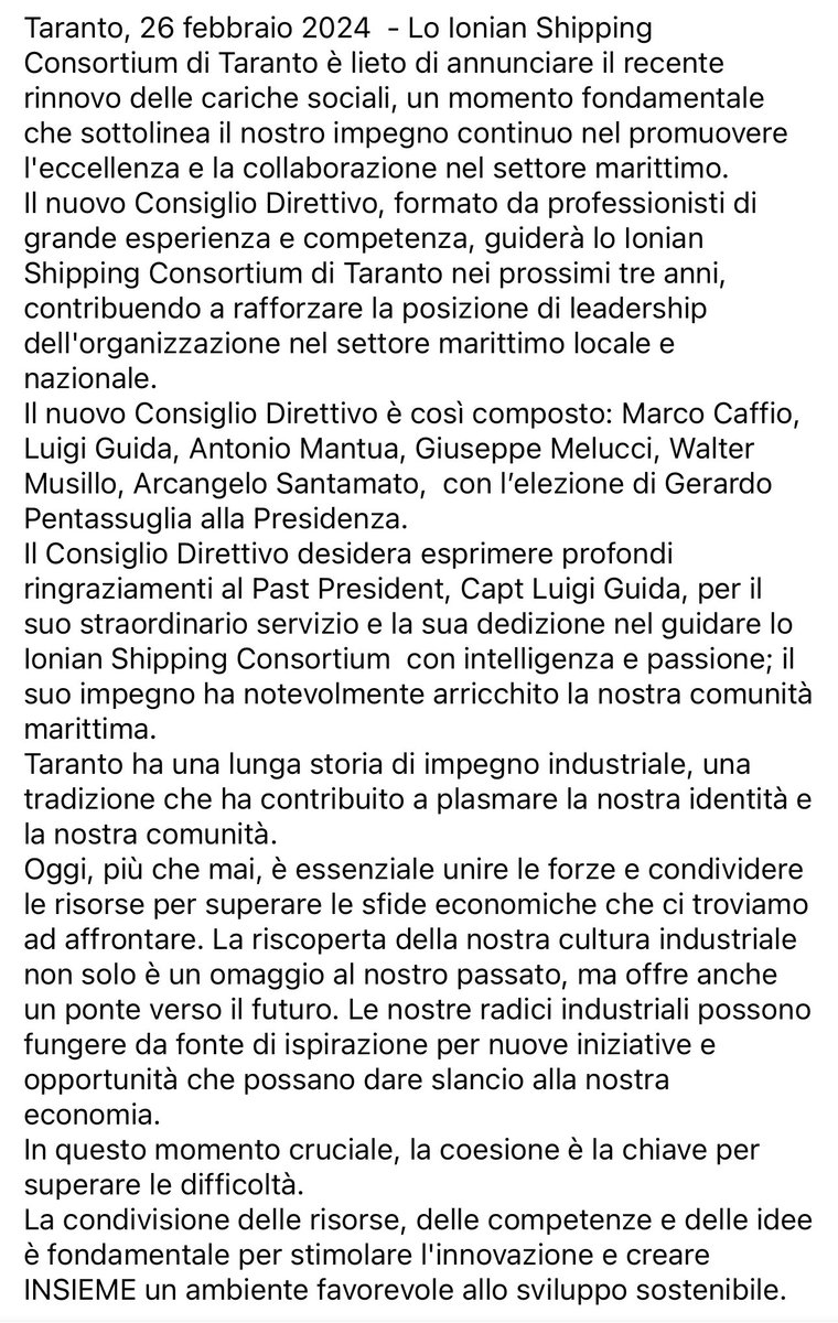 Ionian Shipping Consortium di #Taranto annuncia il Rinnovo delle Cariche Sociali

#port #shipping