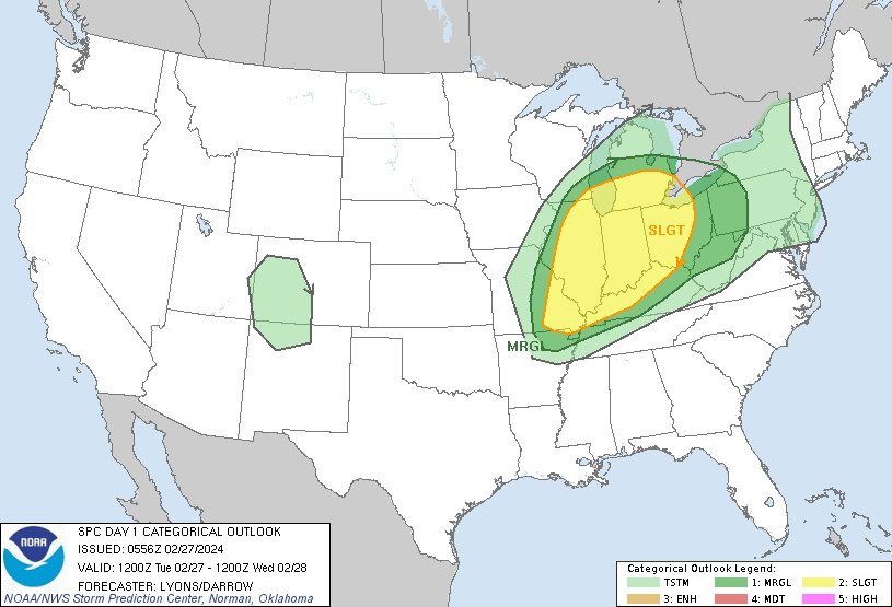 11:58pm CST #SPC Day1 Outlook Slight Risk: across portions of the Mid MS and lower OH valleys into the southern Great Lakes. spc.noaa.gov/products/outlo…