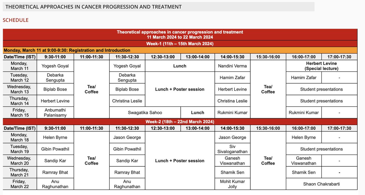 Schedule for @ictstifr meeting on mathematical oncology, co-organized together with @shaon_chak, Helen Byrne @OxUniMaths, Franziska Michor @DanaFarber. Thanks to Param Hansa Philanthropies @rakeshthejoy for co-sponsoring it. Excited for these 2 weeks of stimulating discussion.