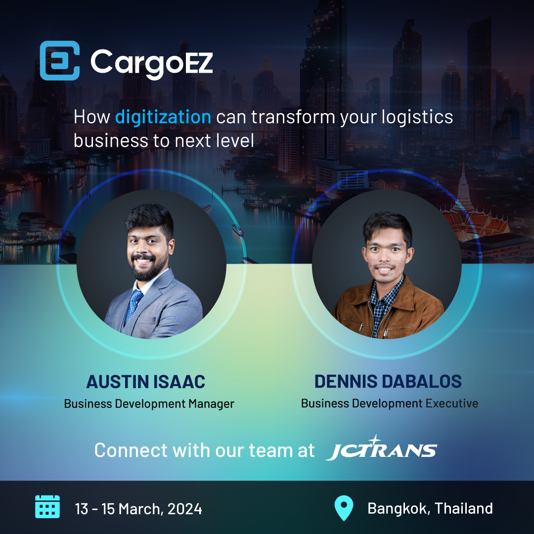 theCargoEZ's tweet photo. Hey there! #CargoEZ is stoked to be part of the @JCtransJCtrans network at the global Freight Forwarding Conference. Head over to #Booth62 & let's talk all things CargoEZ β the game-changer in the #freightforwarding industry.
#freightforwardingsoftware #LogisticsSoftware https://t.co/Mff7g6JXAh