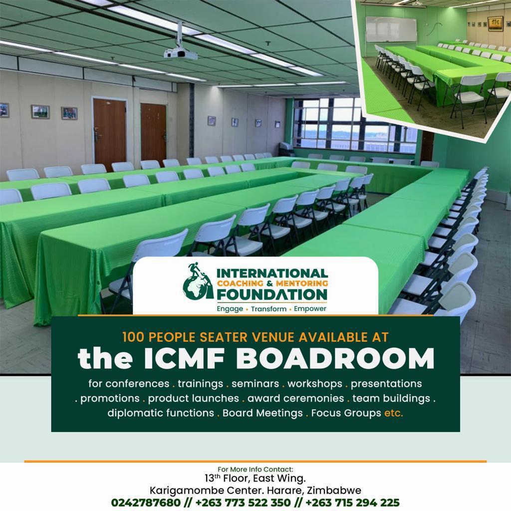 *ARE YOU PLANNING TO HOST………… The ICMF Boardroom is the ideal venue. Located right in the heart of Harare’s CBD. 100 seater theatre set up and 60 seater conference set up. Contact +263 242787680/ +263715294225 / +263 787239292