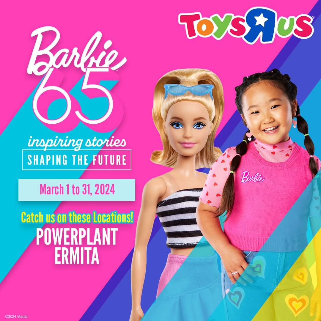 Party like never before! 🎉 Join us at Toys"R"Us Power Plant and Ermita as we celebrate Barbie's 65th birthday in style! 💖✨ Get ready for a day filled with fun, fashion, and fabulous surprises! See you there! 🎀🩰

#ToysRUsPH #ToysRUs #Barbie65 #ToysRUsBarbieBirthday #Barbie