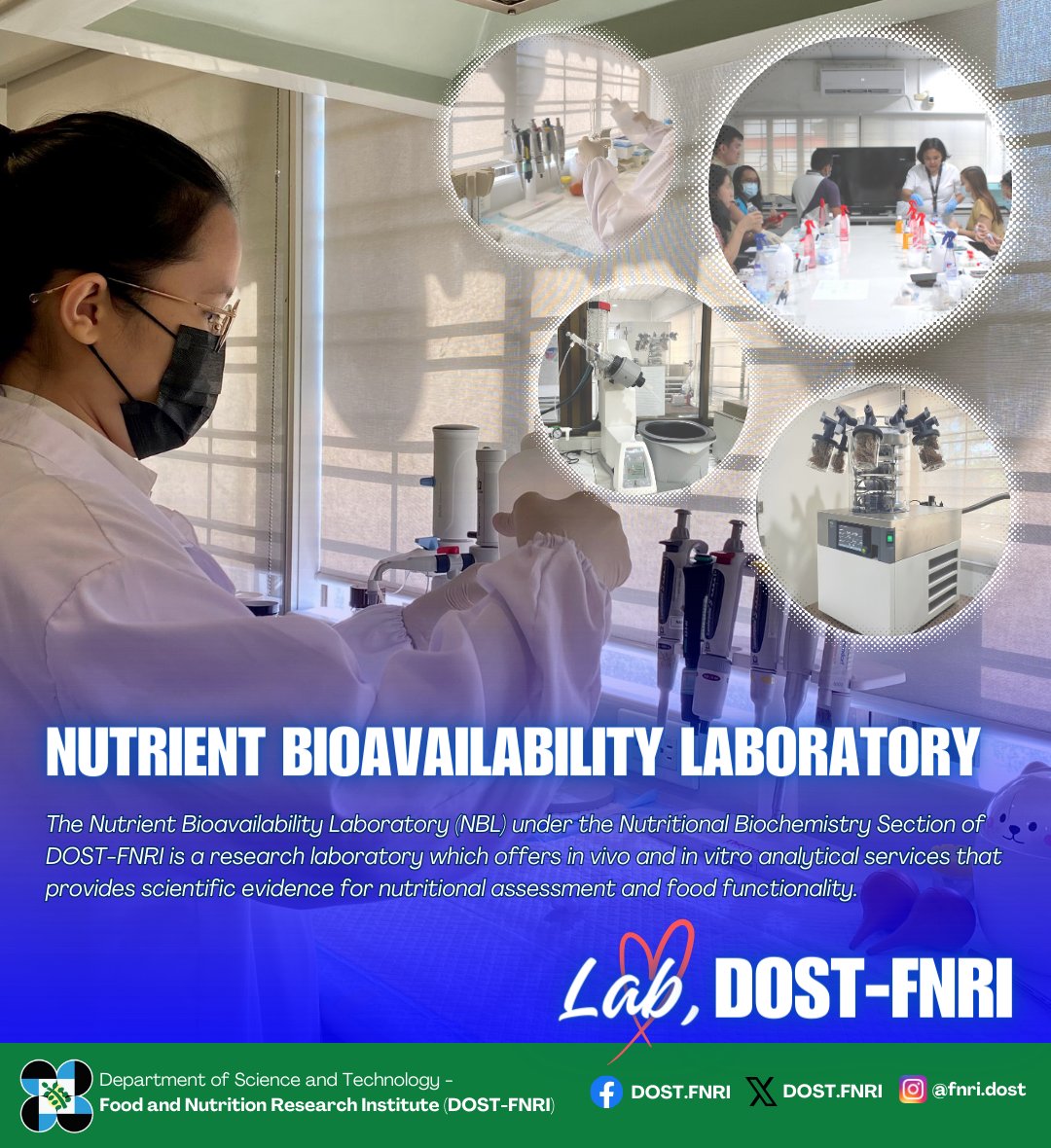 The DOST-FNRI's 𝗡𝘂𝘁𝗿𝗶𝗲𝗻𝘁 𝗕𝗶𝗼𝗮𝘃𝗮𝗶𝗹𝗮𝗯𝗶𝗹𝗶𝘁𝘆 𝗟𝗮𝗯𝗼𝗿𝗮𝘁𝗼𝗿𝘆 (NBL) is a research laboratory offering 𝘪𝘯 𝘷𝘪𝘷𝘰 and 𝘪𝘯 𝘷𝘪𝘵𝘳𝘰 analytical services that provides scientific evidence for nutritional assessment and food functionality.