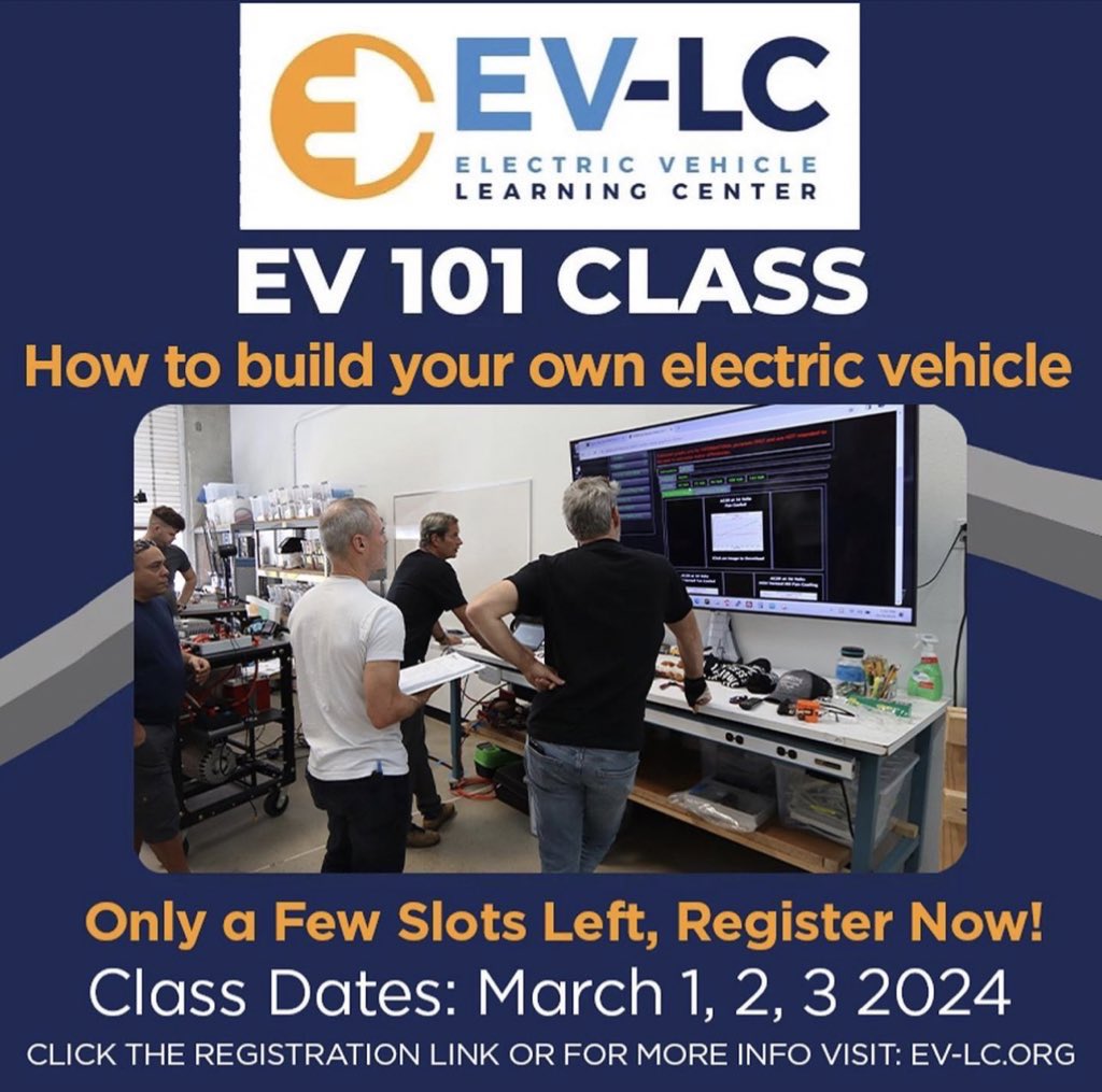 VehicleLearning's tweet image. Only a few slots left for our three day Electric Vehicle (EV) 101 course lead by Michael Bream. Learn a broad technical driven perspective on all-electric vehicle systems. The class is hands on with guest speakers too. Go to ev-lc.org to register now!