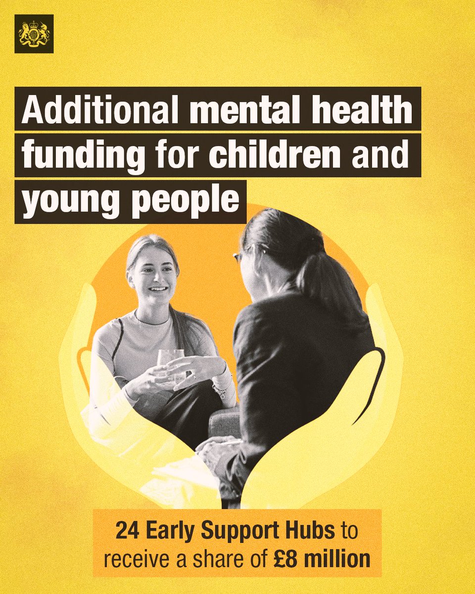 🧒🏻 👧 Thousands of children will receive better mental health support through additional funding for early support hubs in local communities. A total of 24 hubs will get a share of £8 million to provide a range of services and early interventions. gov.uk/government/new…