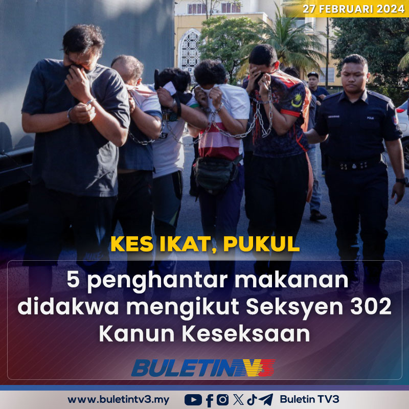 BuletinTV3's tweet photo. MAHKAMAH | Lima penghantar makanan didakwa di Mahkamah Majistret Bandar Baru Bangi atas tuduhan membunuh seorang lelaki yang diikat dan dipukul 20 Februari lalu. https://t.co/7HG7vXfH4a