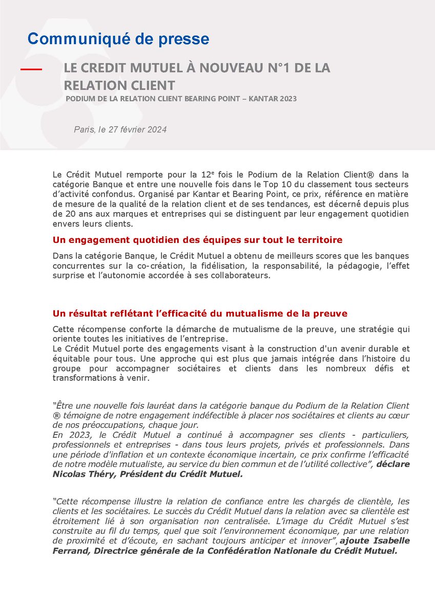 Très bonne nouvelle ! Très heureux que, pour la 12ème fois, <a href="/CreditMutuel/">Crédit Mutuel</a> remporte la première place du Podium de la Relation Client dans la catégorie « Banque » ! Et cette année, en entrant dans le Top 10 du classement tous secteurs d’activité confondus.

Organisé par <a href="/KantarFR/">Kantar France</a>