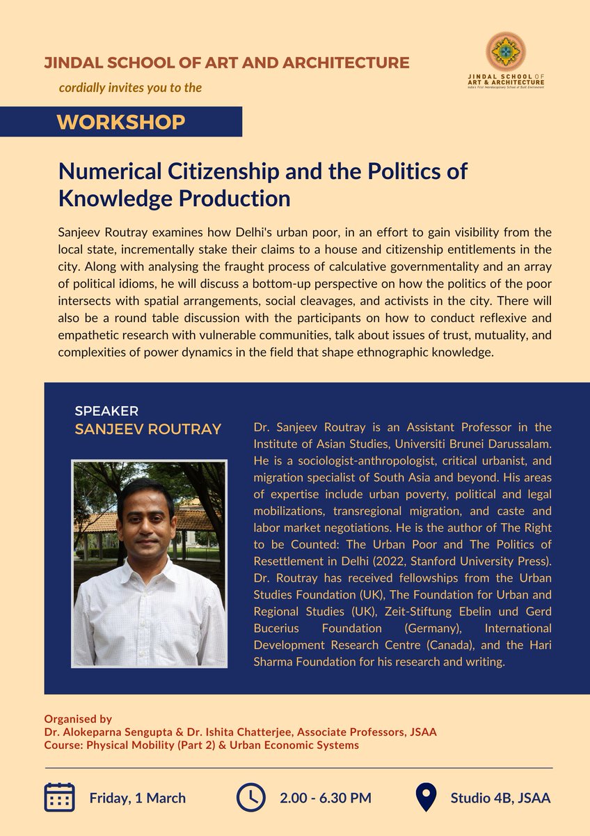 The workshop on ‘Numerical Citizenship and the Politics of Knowledge Production’ by Dr. Sanjeev Routray for the courses Physical Mobility (Part 2) and  Urban Economic Systems.

#jsaa #workshop #citizenship #visibility #ethnography #vulnerablecommunities #urbanpoor