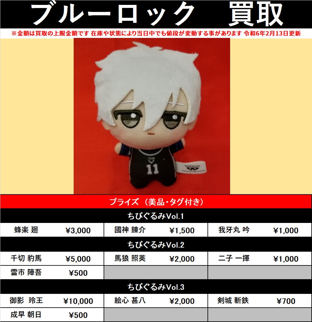 買取情報】 「ブルーロック」各種ちびぐるみを買取告知に掲載中です