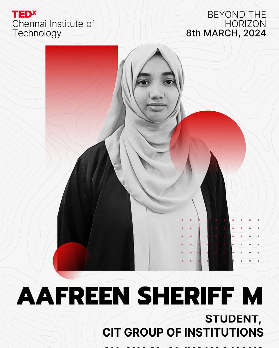 tedxcitchennai's tweet photo. Meet Aafreen Sheriff: a freshman with a passion for creativity and the art of speaking. Join us on March 8th, 2024, at TEDxChennai Institute of Technology for her inspiring talk!
 #TEDx #TEDxChennai #MotivationalSpeech https://t.co/DXxGkAArcA
