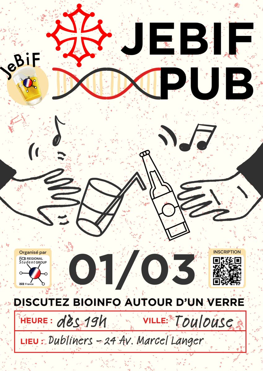 JeBiF's tweet image. 🚨𝙏𝙧𝙤𝙞𝙨𝙞𝙚𝙢𝙚 #JeBiF 𝙋𝙐𝘽 𝙙𝙚 𝙡&apos;𝙖𝙣𝙣𝙚𝙚🚨
#bioinformaticien ? Stagiaire? doctorant? Venez discuter de #bioinformatique et passer un bon moment autour d&apos;un verre ! 
📍𝙏𝙤𝙪𝙡𝙤𝙪𝙨𝙚: vendredi 1/03 prochain à 19h au Dubliners - 24av Marcel Langer