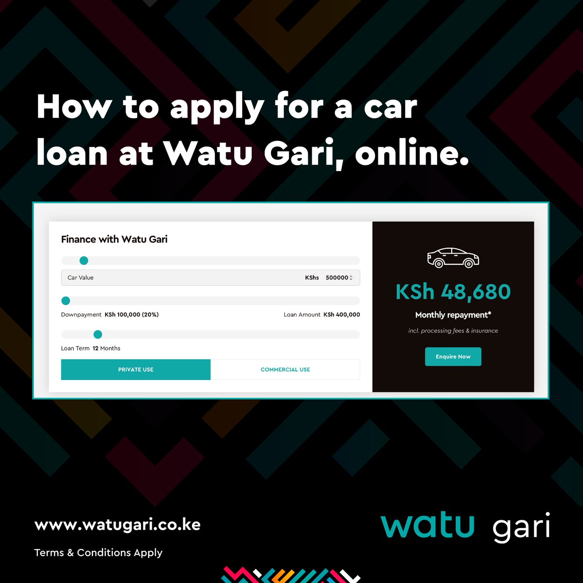 1. Download a loan application form: watugari.co.ke
2. Submit form and relevant documents to statements@watugari.co.ke
3. Make a trip to your desired dealership or seller with a #WatuGari officer. 
4. Sign your loan documents!

#DriveNdotoZako