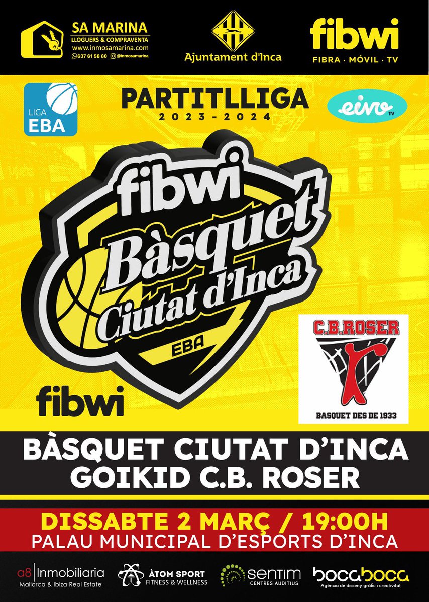 Dissabte l’equip cercarà continuar amb la bona dinàmica al Palau 

Canviam d’horari! Aquest dissabte és a les 19 h 🆚 <a href="/cbroser1933/">C.B.Roser</a> 

De nou podreu participar al concurs oferit per <a href="/AirEuropa/">Air Europa</a> comprant el vostre tiquet a l’entrada

Torna la il·lusió… #tornaelsomni #123ciutatdinca