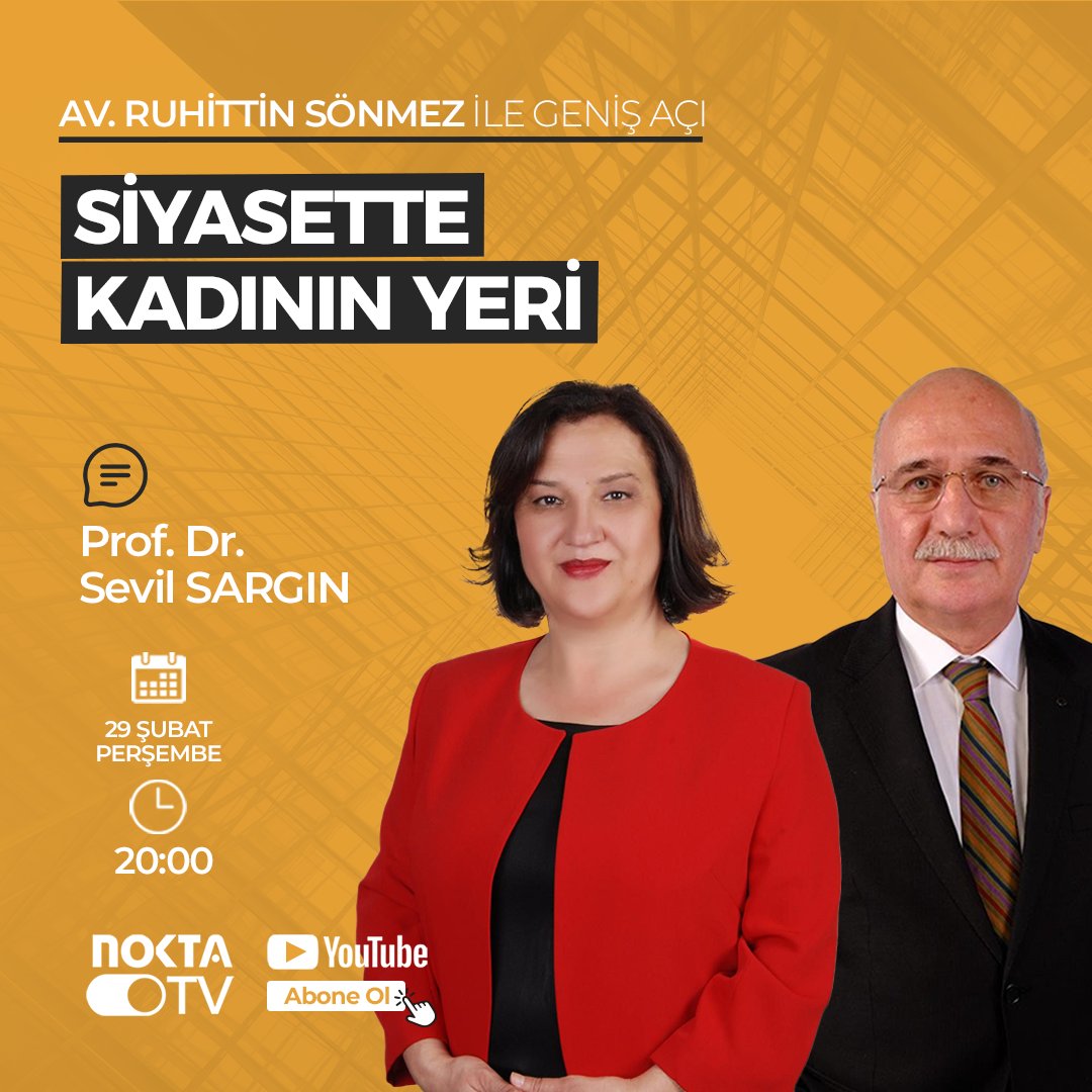 Ruhittin Sönmez ile Geniş Açı programında bu hafta Prof. Dr. Sevil SARGIN ile sohbet edeceğiz. Ruhittin Sönmez ile Geniş Açı programı 29  Şubat Perşembe Günü saat 20.00 de Nokta TV kanalında yayında!
#noktatv #noktagazetesi #kocaeli #genişaçı #canlıyayın #ruhittinsönmez