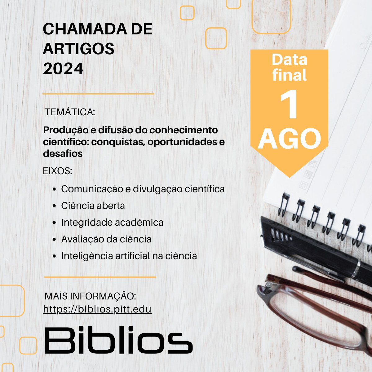 📢Biblios | Chamada de artigos 2024  

Produção e Difusão do Conhecimento Científico: Conquistas, oportunidades e Desafios

Início da submissão: 29/02/2024
Data limite para submissão: 01/08/2024

Mais informação: biblios.pitt.edu/ojs/biblios/an…