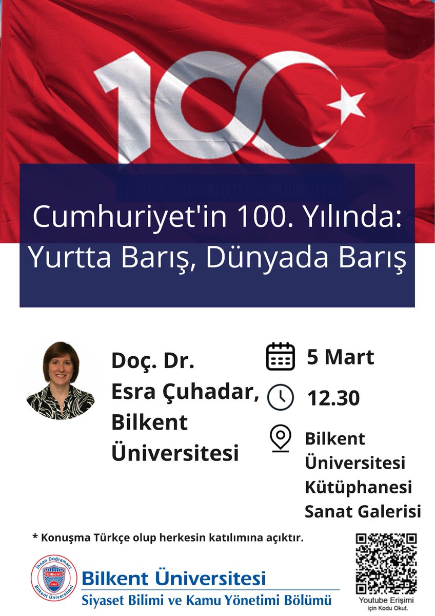 📢 Cumhuriyet'in 100. Yılı Konuşmaları serimizin dördüncü etkinliğinde öğretim üyemiz Doç. Dr. Esra Çuhadar'ı (@ceragesra) dinleyeceğiz. Bölümümüzün Kütüphanemiz iş birliğiyle gerçekleştireceği etkinlik, Youtube'dan canlı yayınlanacak.