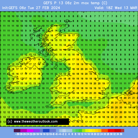 Although the UK has already recorded 19.9°C this year in January, today marks the first time that I have seen 20°C temperatures modelled in the ensembles. In this case, it shows quite widespread 20C+ temps across two consecutive days. This is just an observation, not a forecast.