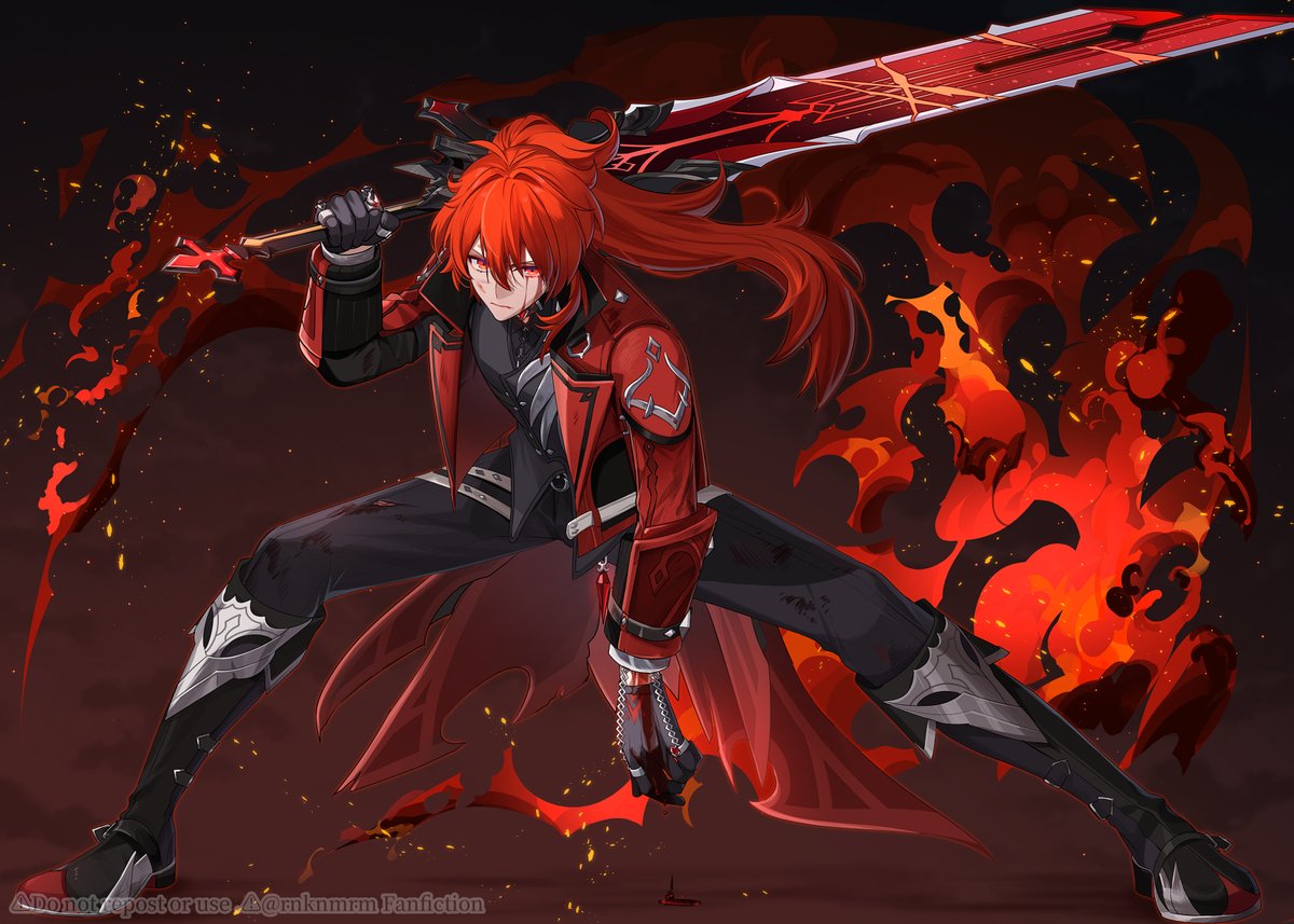 diluc (genshin impact) 1boy weapon sword male focus red eyes red hair holding weapon  illustration images