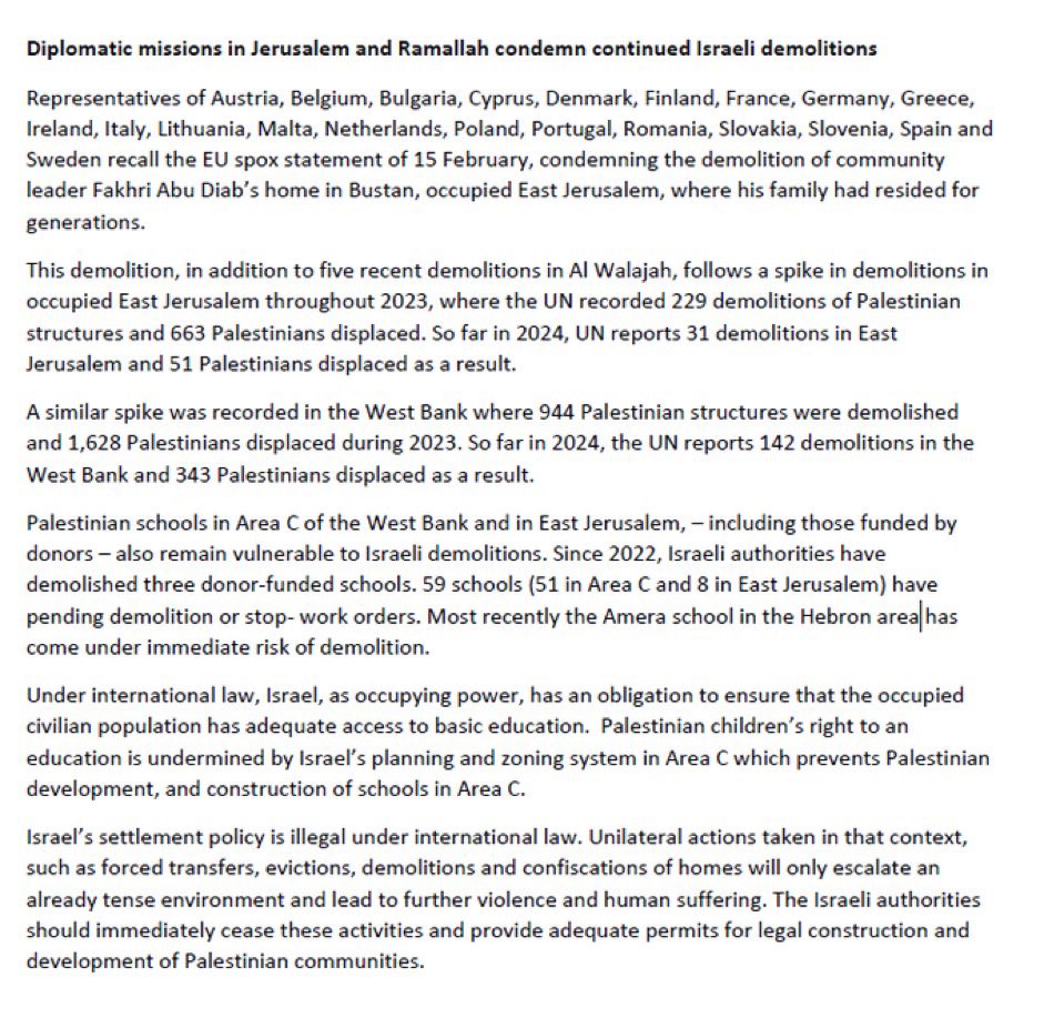 The Netherlands together with other Diplomatic missions in Jerusalem and Ramallah condemn continued Israeli demolitions. Our statement 👇