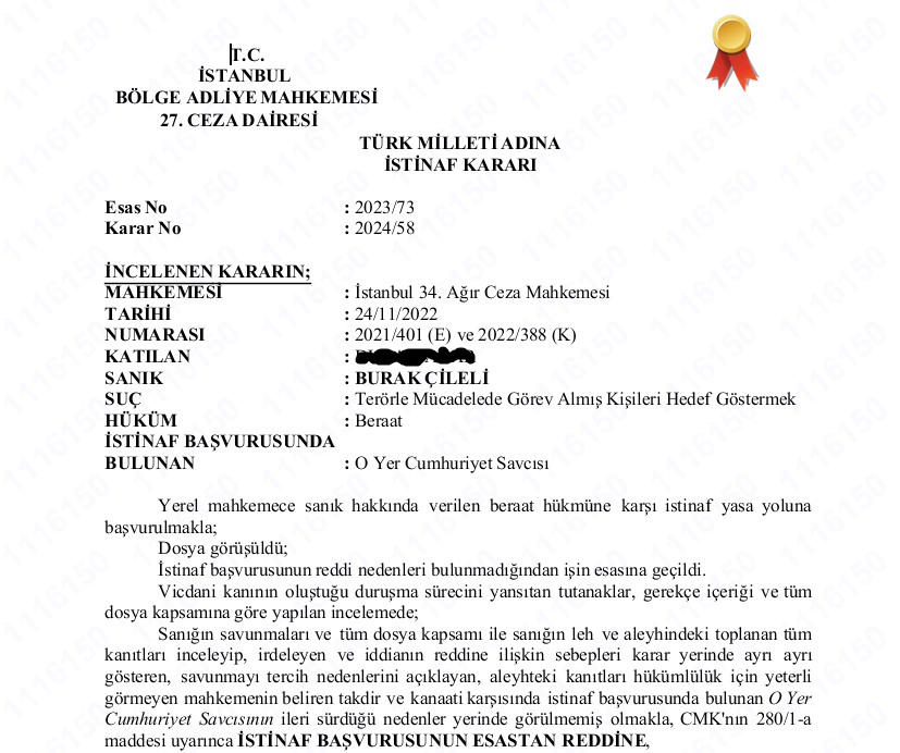 burak_cileli's tweet photo. "Terörle Mücadelede Görev Almış Kişileri Hedef Göstermek" suçlamasıyla yargılandığımız davadan beraatimiz kesinleşti. Başta Avukatım Yavuz Pirim olmak üzere desteklerini ve dualarını esirgemeyen herkese teşekkür ederim. https://t.co/fUcVGxxVpb