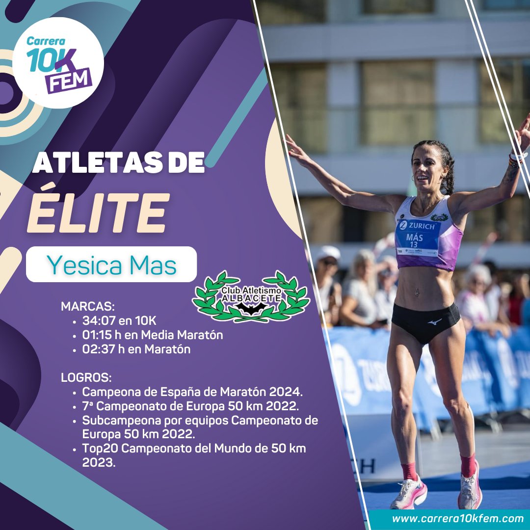 🔝Atletas de élite que correrán la #Carrera10KFem 2024 🏃♀
🌟Yesica Mas <a href="/jessi90mas/">•°¯`•• 🏃🏽‍♀️ 𝒴𝑒𝓈𝒾𝒸𝒶 🏃🏽‍♀️ ••`¯°•</a>
CA <a href="/CAALBACETE1/">C.A. ALBACETE</a>
MARCAS:
⏲34:07 en 10K
⏲01:15 h en Media Maratón
⏲02:37 h en Maratón