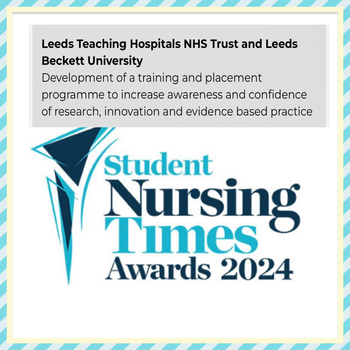 Very proud to announce our embedded placement model <a href="/crf_leeds/">NIHR Leeds Clinical Research Facility</a> <a href="/LeedsBRC/">NIHR Leeds BRC</a> and lecture series <a href="/leedsbeckett/">Leeds Beckett</a> <a href="/LBUHealth/">The School of Health, Leeds Beckett University</a>  has been shortlisted as as finalist in the <a href="/NursingTimes/">Nursing Times</a> #SNTA