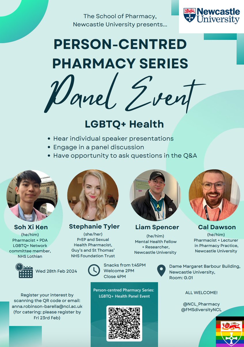 Our @NCL_Pharmacy EDI Panel event is taking place *TOMORROW!* Online sign-ups available until tonight (Tues 27/2) at 8pm. Register here: forms.office.com/e/eqVYYwF8Qb Looking forward to chairing this event 🎤 @FMSDiversityNCL @SohXiKen @Steph__Tyler @LiamPSpencer @Cal_Dawson1996